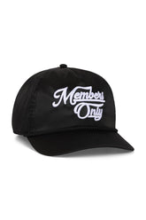 MEMBERS EXCLUSIVE VINTAGE SATIN SCRIPT TRUCKER HAT - BLACK // WHITE