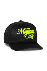 MEMBERS EXCLUSIVE VINTAGE SATIN SCRIPT TRUCKER HAT - BLACK // NEON YELLOW