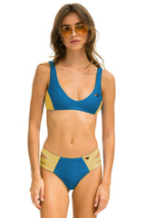 HI-WAISTED SIDE CUT OUT COLOR BLOCK CHEEKY BIKINI BOTTOMS - ANTIGUA // GOLD