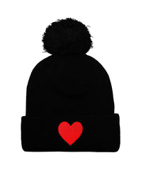 HEART POM POM RIB BEANIE - BLACK