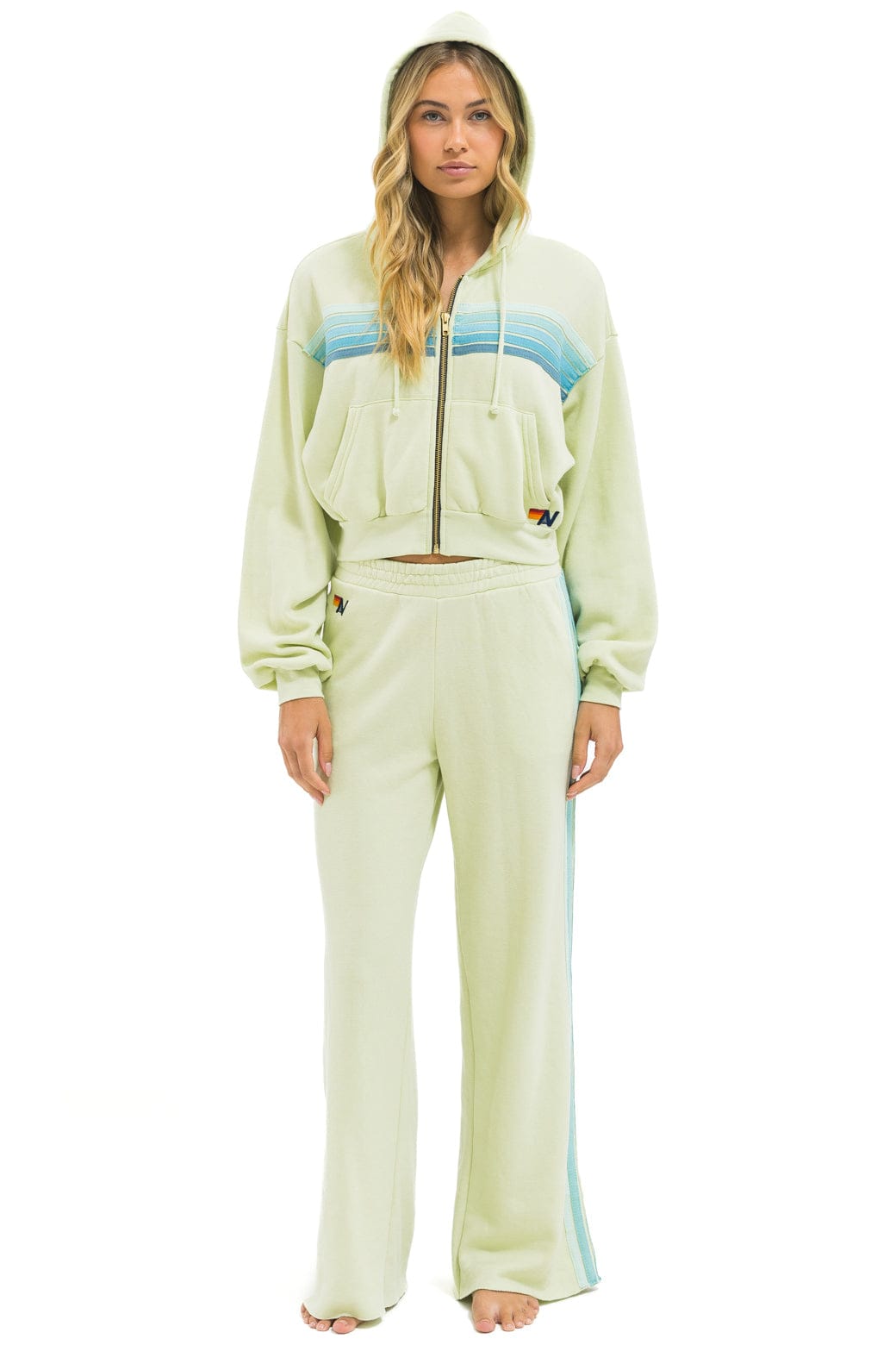 5 STRIPE CROPPED ZIP HOODIE RELAXED - LIME CREAM // SEAFOAM