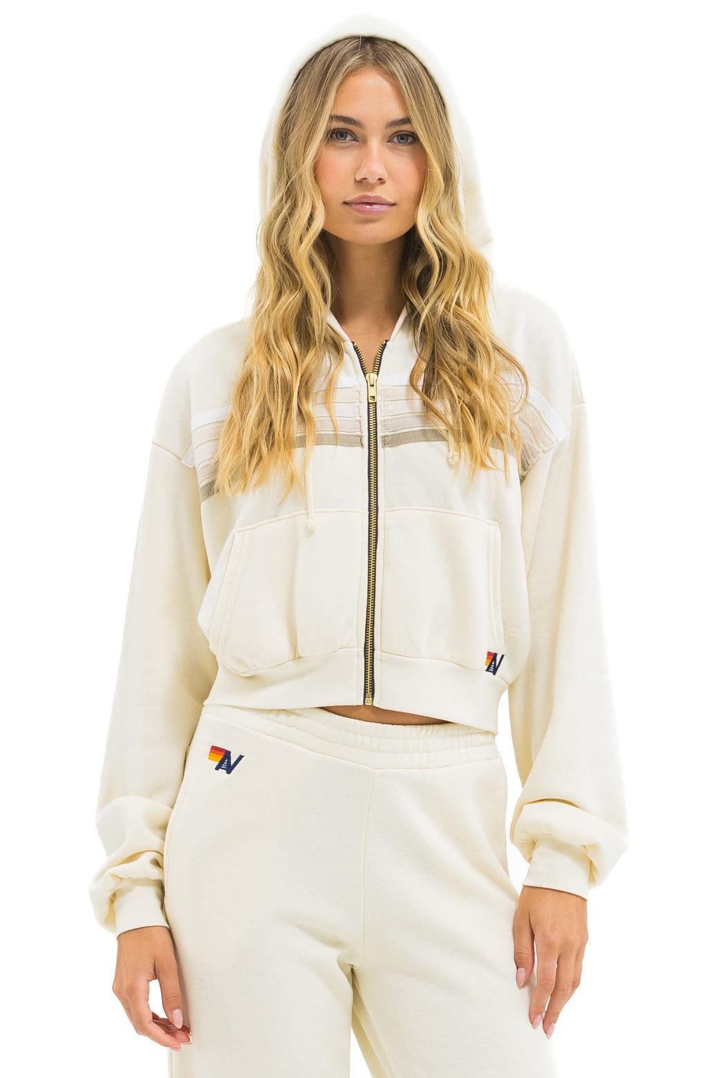 5 STRIPE CROPPED ZIP HOODIE RELAXED - VINTAGE WHITE // WHITE GREY
