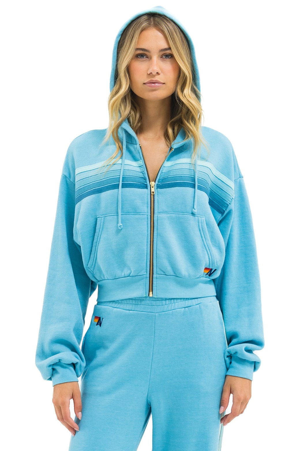 5 STRIPE CROPPED ZIP HOODIE RELAXED - AQUA // AQUA