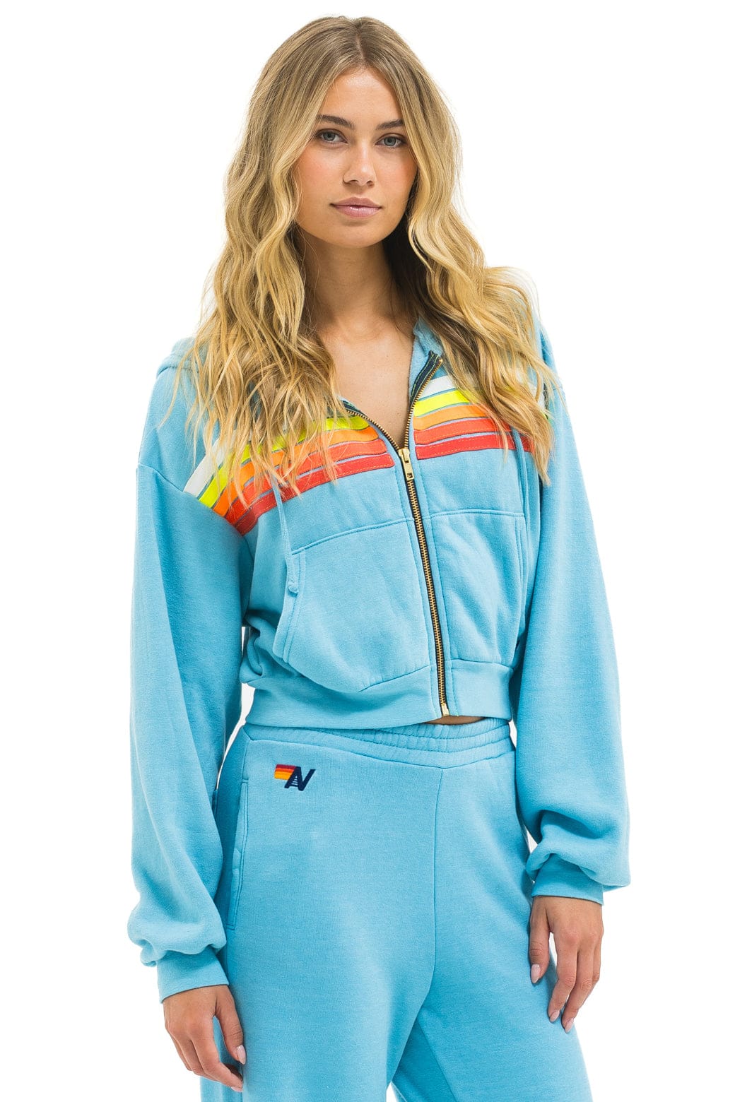 5 STRIPE CROPPED ZIP HOODIE RELAXED - AQUA // WHITE NEON