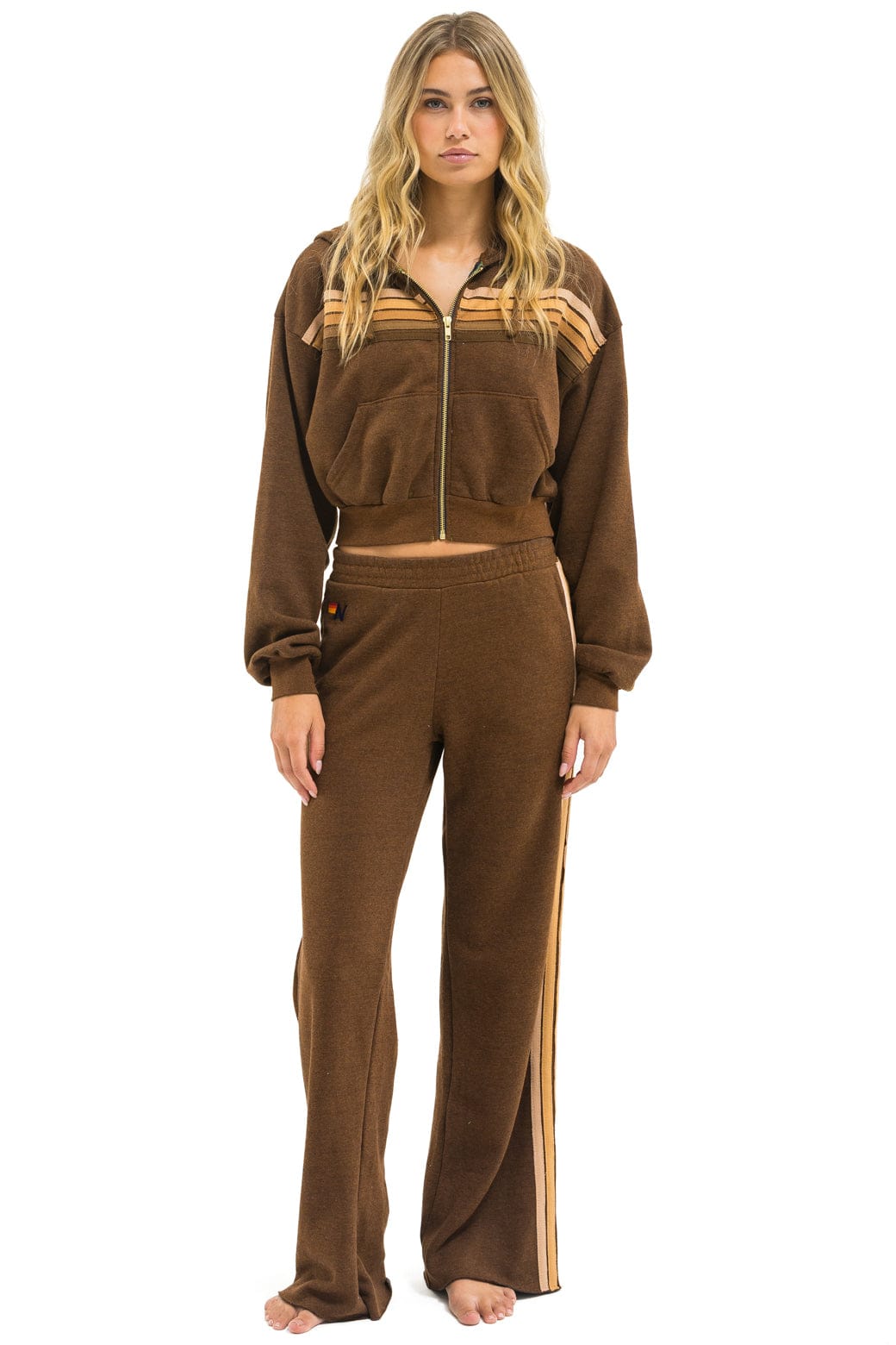 5 STRIPE CROPPED ZIP HOODIE RELAXED - CHOCOLATE // ESPRESSO