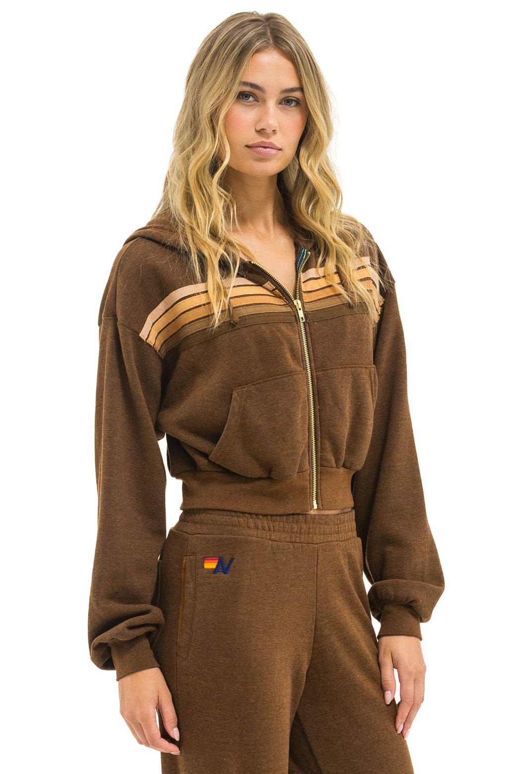 5 STRIPE CROPPED ZIP HOODIE RELAXED - CHOCOLATE // ESPRESSO