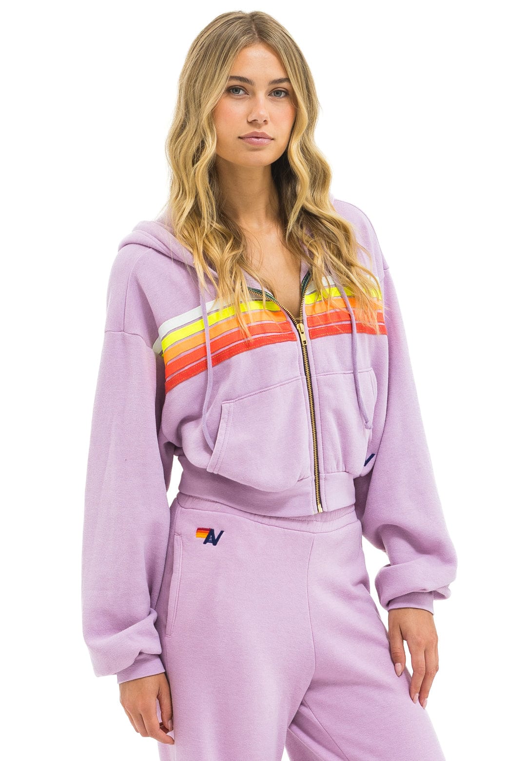 5 STRIPE CROPPED ZIP HOODIE RELAXED - MAUVE // WHITE NEON