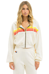 5 STRIPE CROPPED ZIP HOODIE RELAXED - VINTAGE WHITE // WHITE NEON