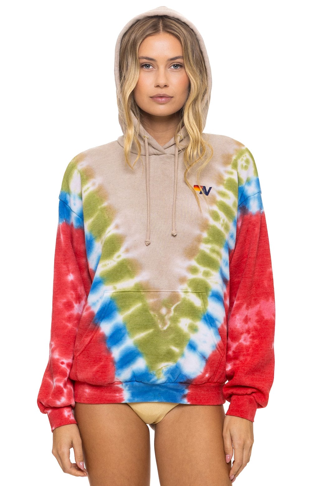 HAND DYED V RELAXED PULLOVER HOODIE - TIE DYE SAND // BLUE RED