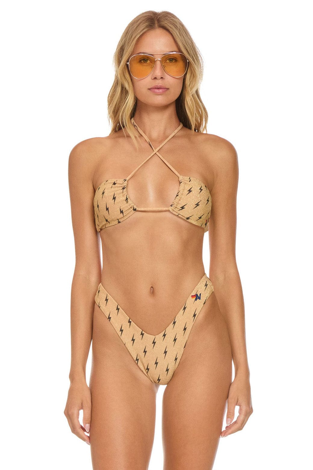 SPARKLE ST TROPEZ BANDEAU HALTER BIKINI TOP - BLACK BOLT REPEAT