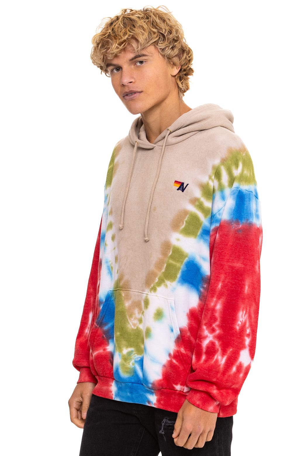 HAND DYED V RELAXED PULLOVER HOODIE - TIE DYE SAND // BLUE RED