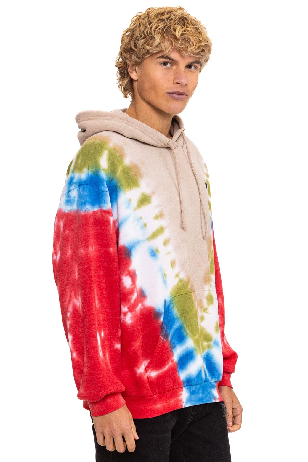 HAND DYED V RELAXED PULLOVER HOODIE - TIE DYE SAND // BLUE RED
