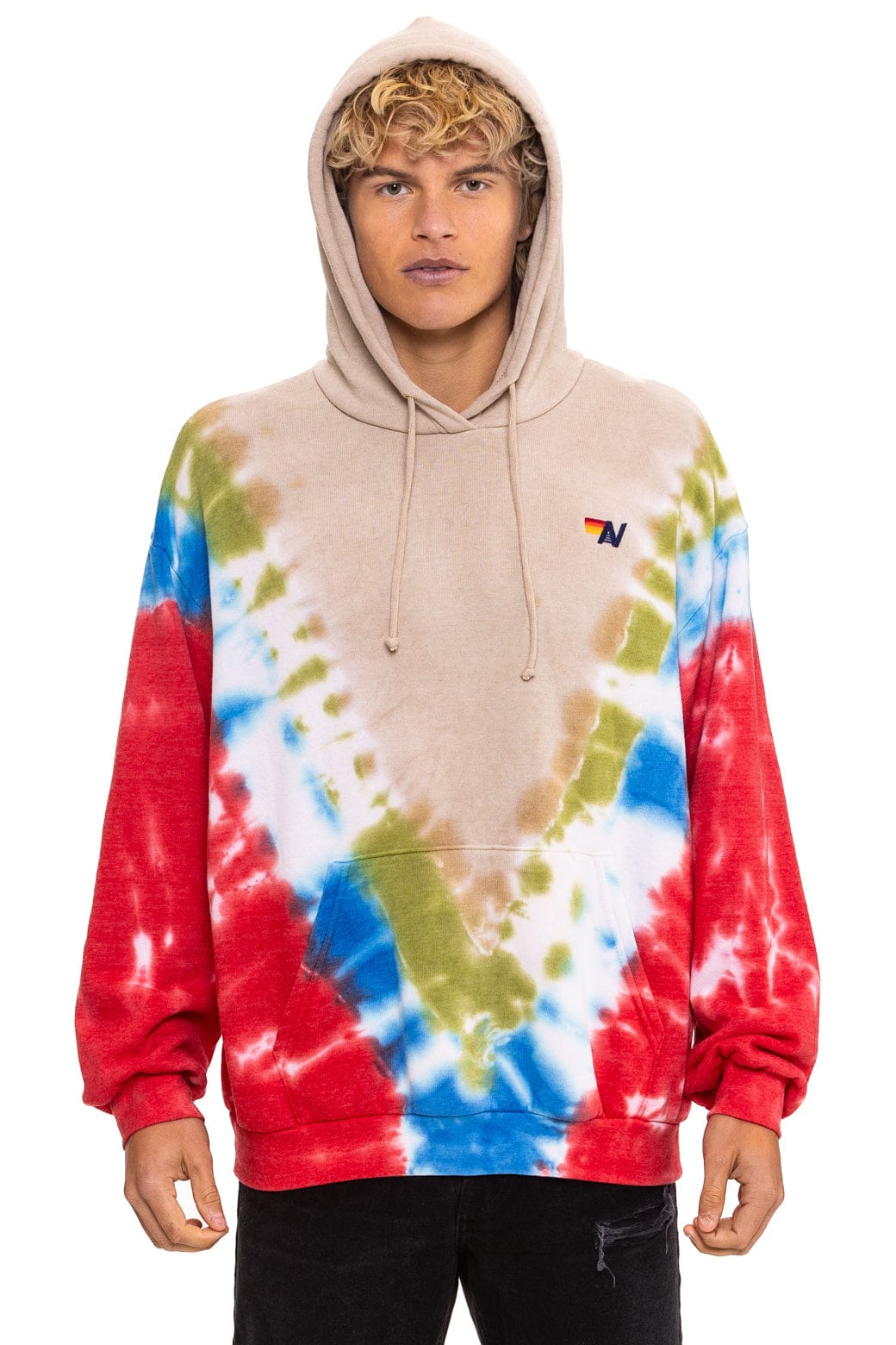 HAND DYED V RELAXED PULLOVER HOODIE - TIE DYE SAND // BLUE RED