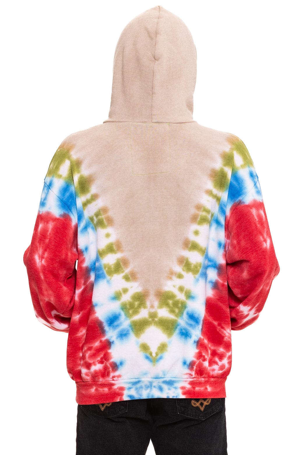 HAND DYED V RELAXED PULLOVER HOODIE - TIE DYE SAND // BLUE RED