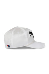 MEMBERS EXCLUSIVE VINTAGE SATIN SCRIPT TRUCKER HAT - WHITE // BLACK