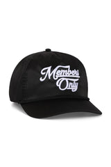 MEMBERS EXCLUSIVE VINTAGE SATIN SCRIPT TRUCKER HAT - BLACK // WHITE