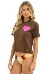 HEART PRINT BOYFRIEND TEE - CHOCOLATE // NEON PINK