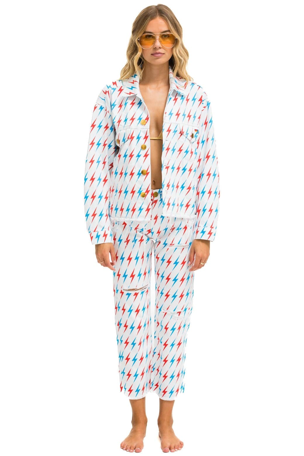 AVIATOR BOLT OVERSIZED CUTOFF DENIM JACKET - WHITE