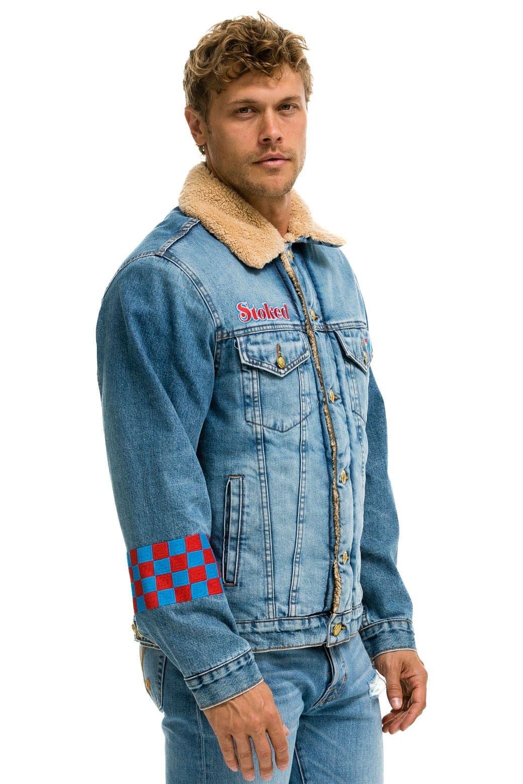 SMALL STOKED BOLT SMILEY RANCH SHERPA DENIM JACKET - SUPER LIGHT