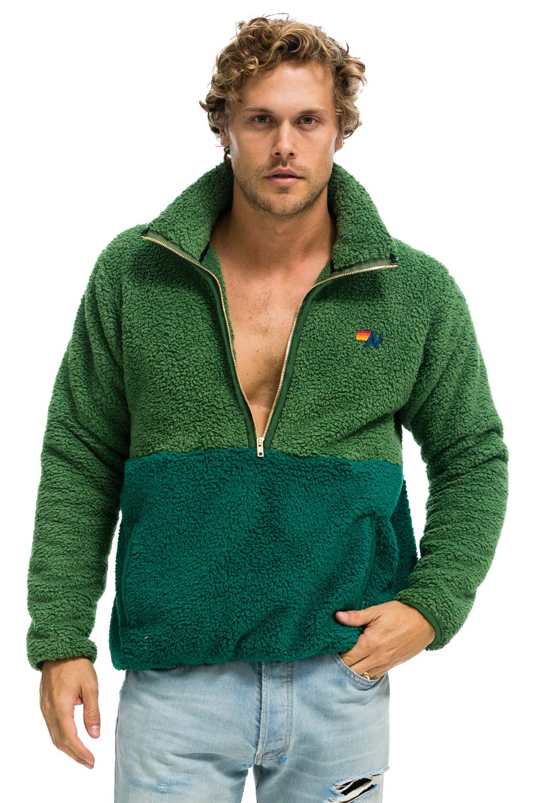 TEDDY UNISEX HALF ZIP COLOR BLOCK JACKET - GARDEN GREEN