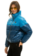 COLOR BLOCK HALF AND HALF APRES PUFFER JACKET - OCEAN GLOSSY